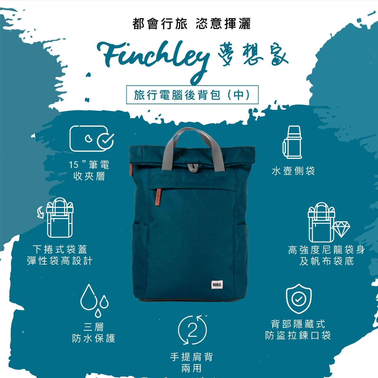 /ROKA Finchley 夢想家 電腦後背包(環保尼龍)(中)- Teal 湖綠